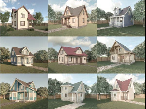 Set 9 rumah kayu Model 3D