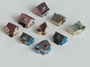 Set of 9 wooden houses Modello 3D