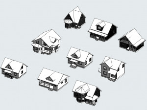 Set of 9 wooden houses Modello 3D