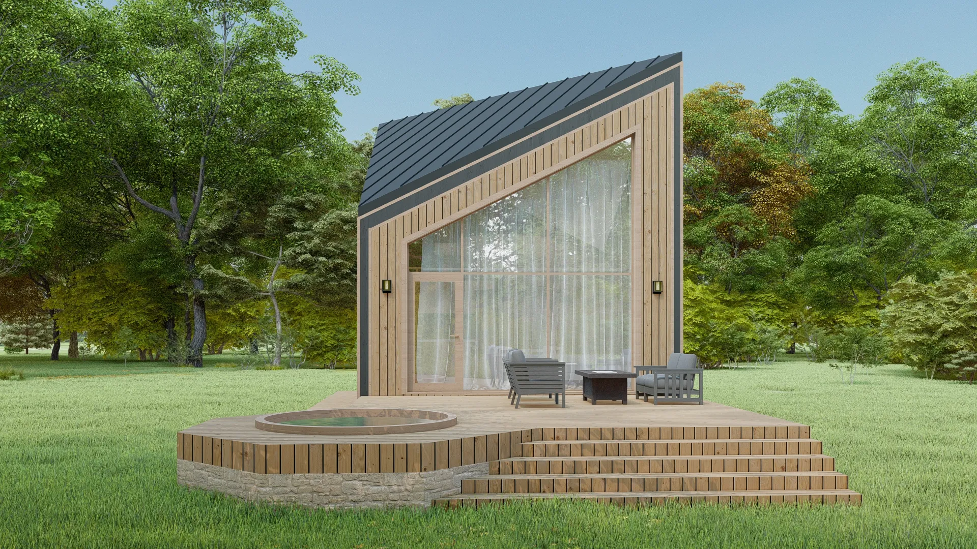 Modern Asymmetrical A-Frame Wooden Cabin 3D Model .c4d .max .obj .3ds .fbx .stl .blend 