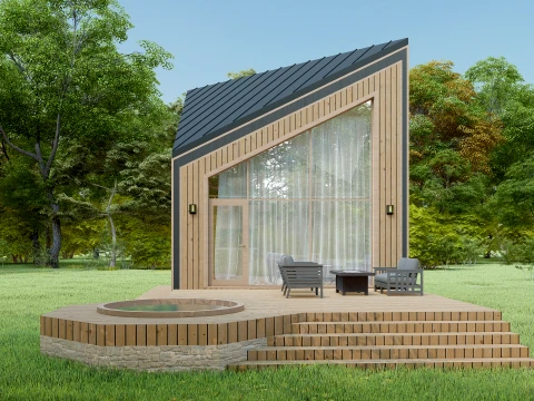 Moderne asymmetrische houten cabine met A-frame 3D Model