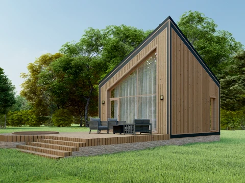 Modern Asymmetrical A-Frame Wooden Cabin 3D Model