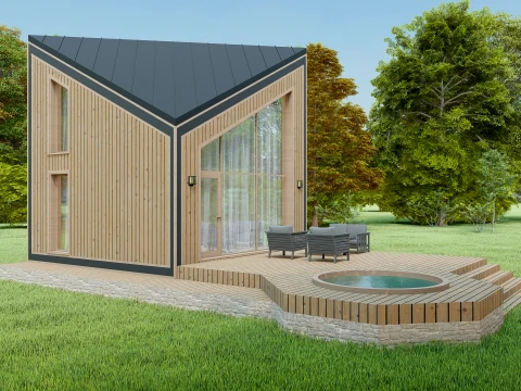 Modern Asymmetrical A-Frame Wooden Cabin 3D Model