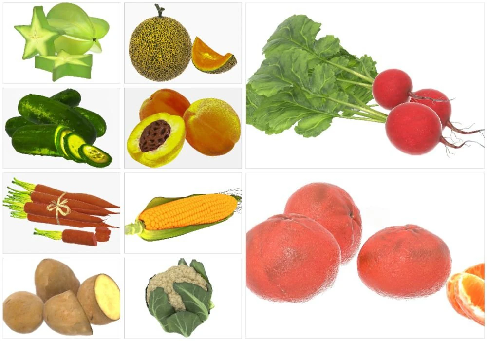 Vegetables and fruits 3D Model .c4d .max .obj .3ds .fbx .stl .blend 