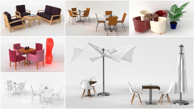 5 types of cafe furniture 3D Model .c4d .max .obj .3ds .fbx .stl .blend 