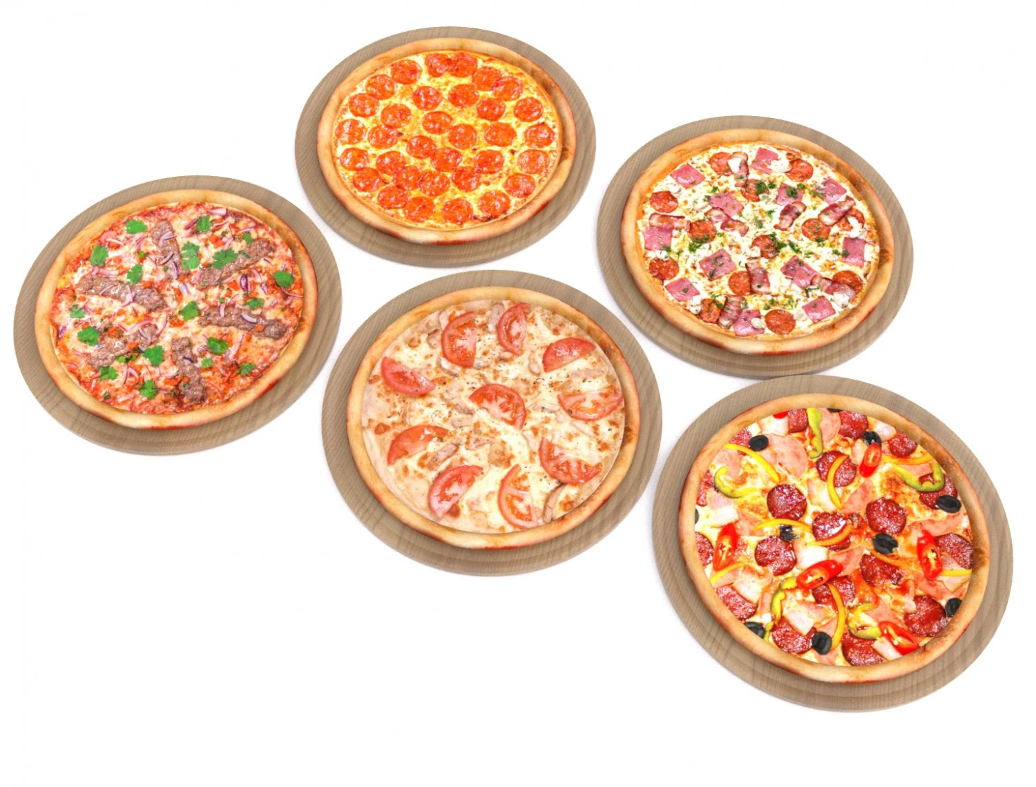 5 pizzas 3D Model .c4d .max .obj .3ds .fbx .stl .blend 