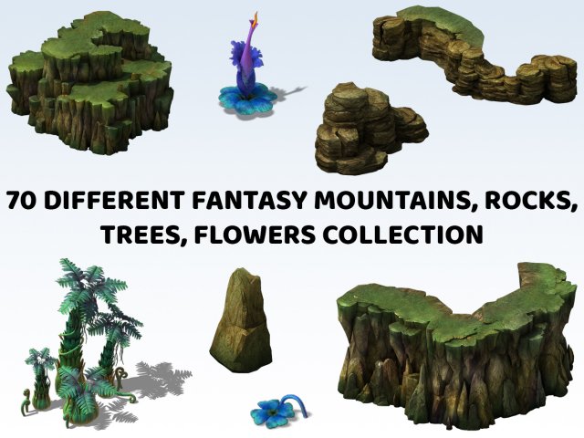 70 Different Fantasy Mountain Rock Tree Flower Collection CG Textures .c4d .max .obj .3ds .fbx .stl .blend 