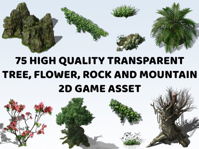 75 Trees Flowers Rocks And Mountains 2D Game Asset CG Textures .c4d .max .obj .3ds .fbx .stl .blend 