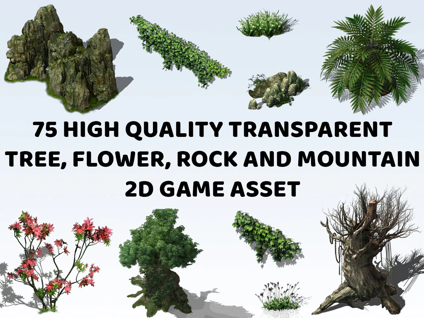 75 Trees Flowers Rocks And Mountains 2D Game Asset CG Textures .c4d .max .obj .3ds .fbx .stl .blend 