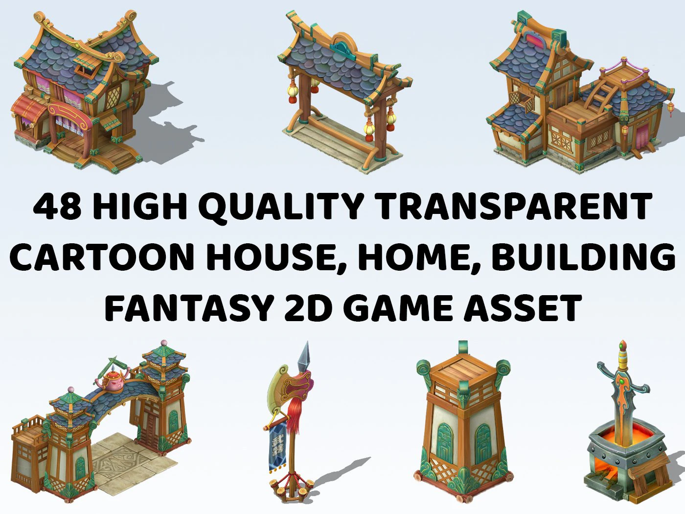 48 Fantasy Cartoon House Home Building Exterior 2D Game Asset CG Textures .c4d .max .obj .3ds .fbx .stl .blend 