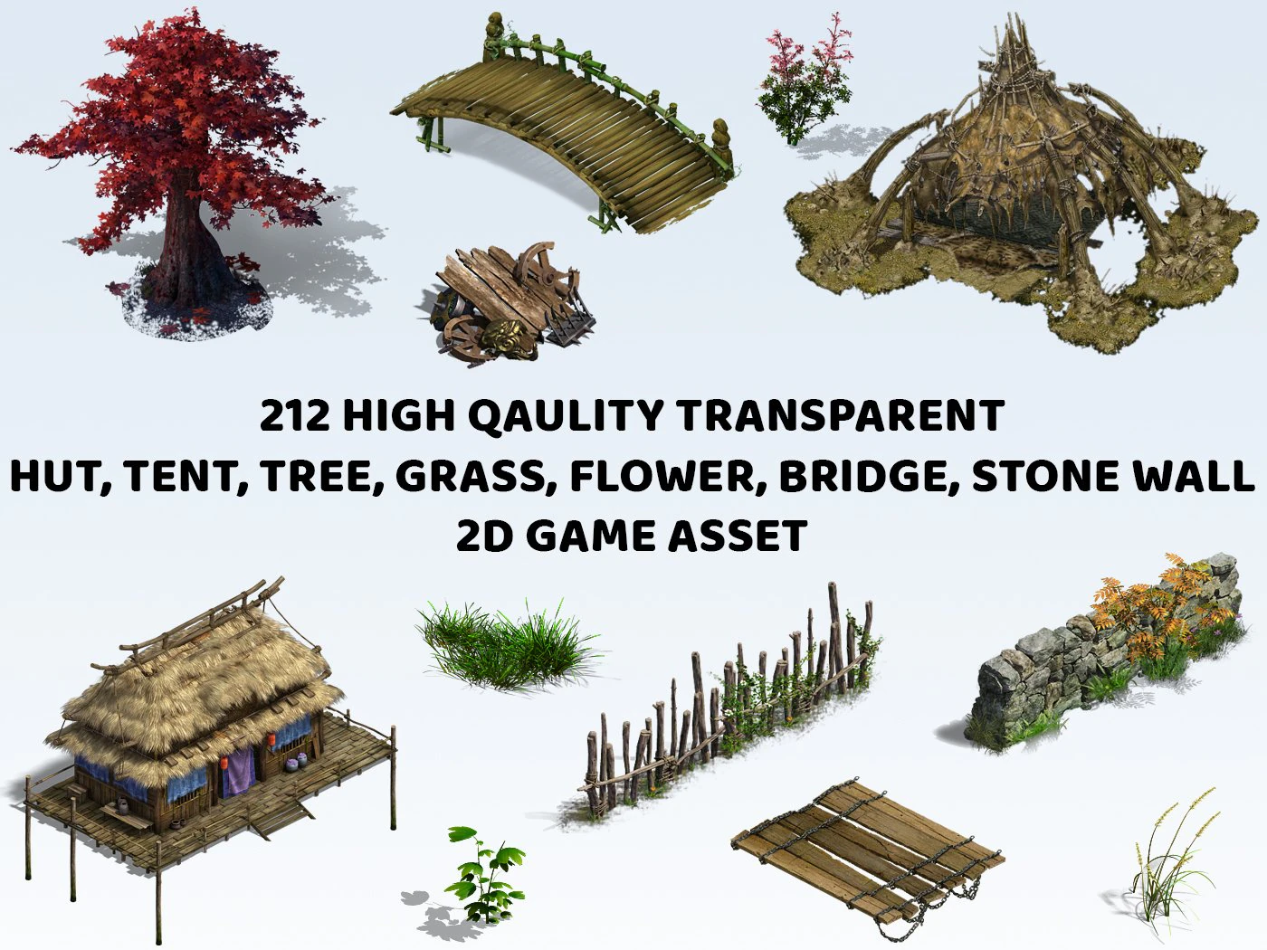 212 Hut Tent House Tree Grass Flower Bridge Stone Wall 2D Game Asset CG Textures .c4d .max .obj .3ds .fbx .stl .blend