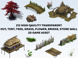 212 Hut Tent House Tree Grass Flower Bridge Stone Wall 2D Game Asset CG Texturen
