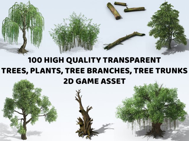100 Trees Plants Trunk Branches Nature Environment 2D Game Asset CG Textures .c4d .max .obj .3ds .fbx .stl .blend 