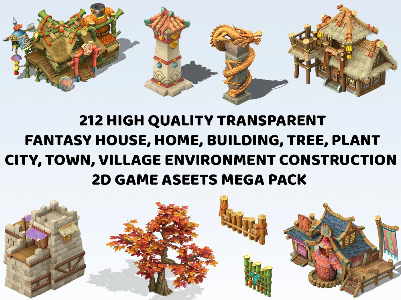 212 Fantasy House Home Building Tree Village City 2D Game Asset Mega Pack CG Textures .c4d .max .obj .3ds .fbx .stl .blend 