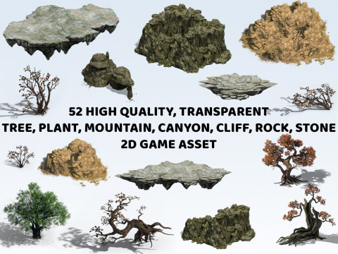 52 Mountain Terrain Cliff Rock Tree Plant 2D Game Asset CG टेक्स्चर्स