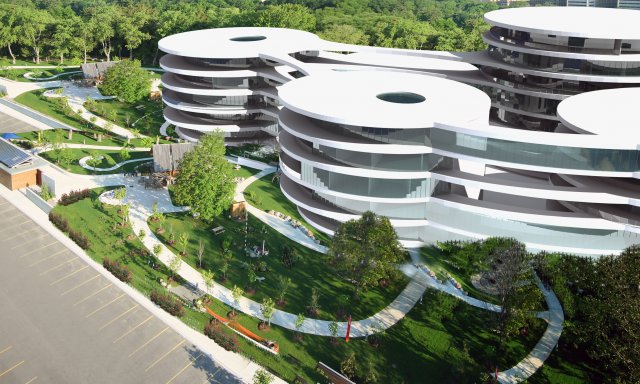 HOSPITAL S futuristic building in middle of park Model 3D .c4d .max .obj .3ds .fbx .stl .blend 