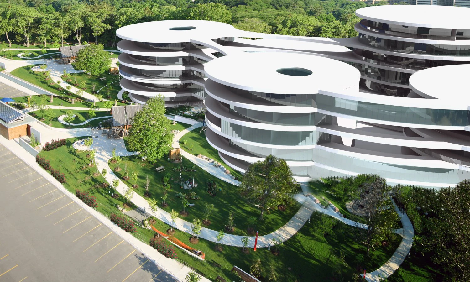 公园中央的医院 S 未来派建筑 3D 模型 .c4d .max .obj .3ds .fbx .stl .blend 