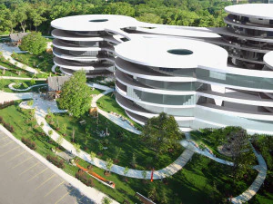 Edif&iacute;cio futurista do HOSPITAL S no meio do parque Modelo 3D