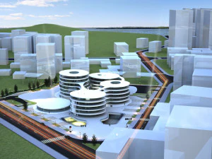 公园中央的医院 S 未来派建筑 3D 模型