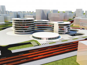 公园中央的医院 S 未来派建筑 3D 模型