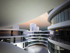 公园中央的医院 S 未来派建筑 3D 模型