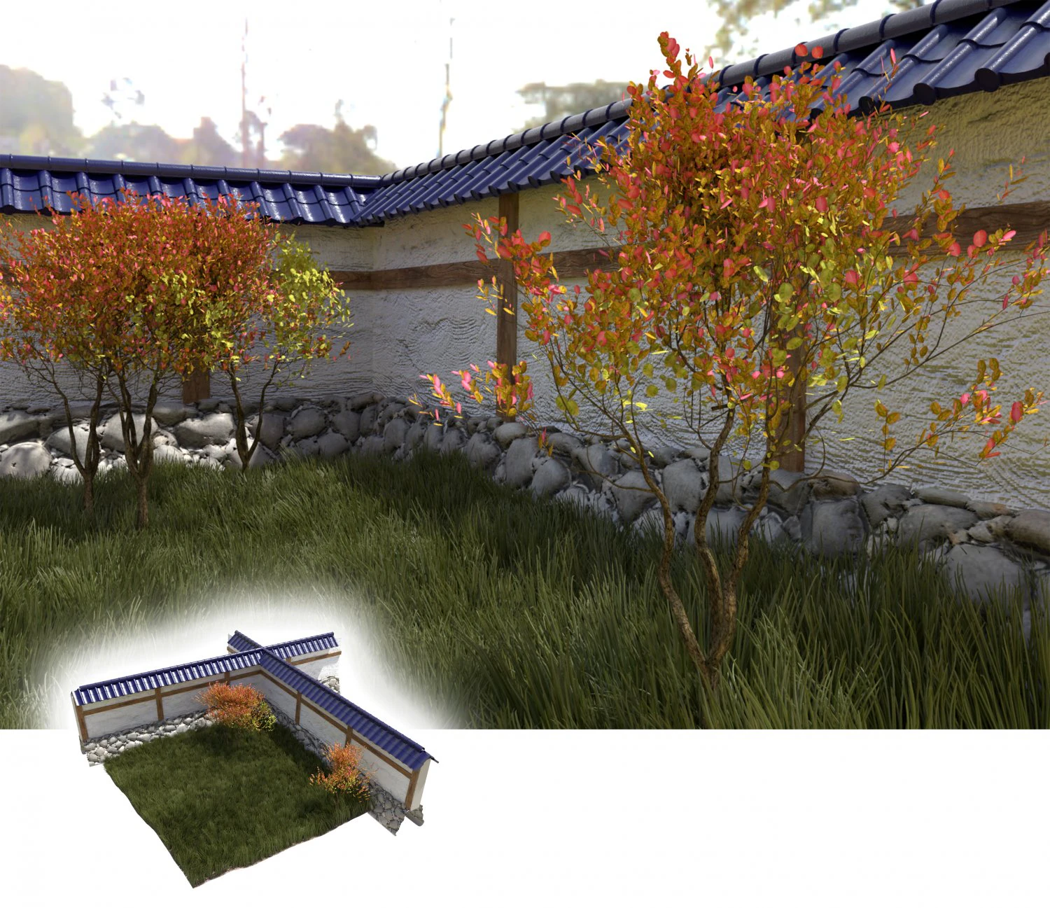 japanese garden with wall bushes and gras 3D Model .c4d .max .obj .3ds .fbx .stl .blend 
