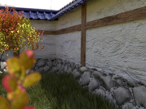 japanese garden with wall bushes and gras 3D Model