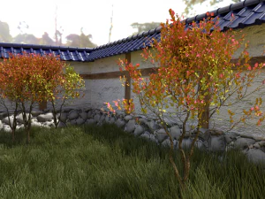 japanese garden with wall bushes and gras 3D Model