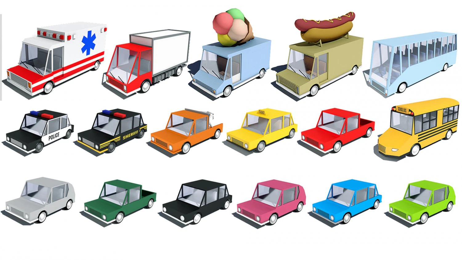 cartoon car pack 3D Model .c4d .max .obj .3ds .fbx .stl .blend 