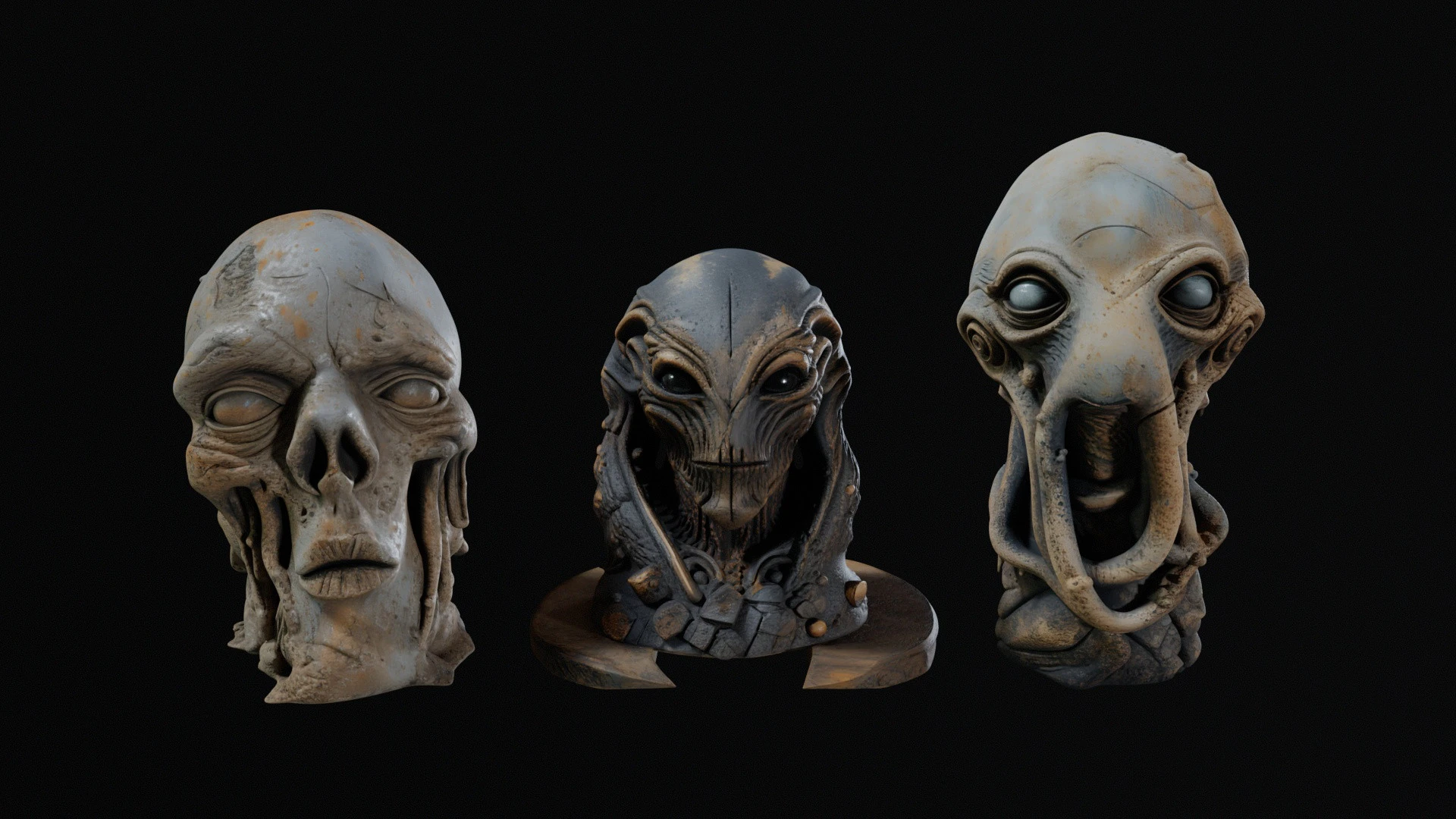 Hi-poly ancient alien sculptures 1-3 pack 3D Model .c4d .max .obj .3ds .fbx .stl .blend 