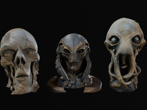 Pack de 1 &agrave; 3 sculptures extraterrestres anciennes Hi-Poly Modèle 3D
