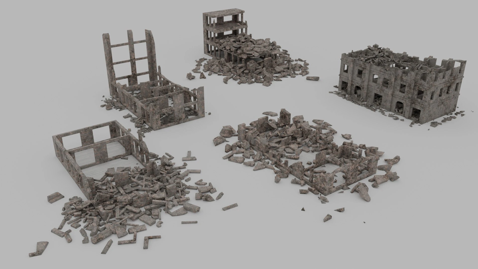 Ruined Buildings - Low Poly - Game Ready - PBR 3D Model .c4d .max .obj .3ds .fbx .stl .blend 