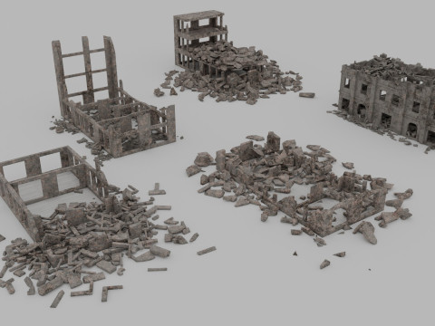 Ruined Buildings - Low Poly - Game Ready - PBR 3D Model