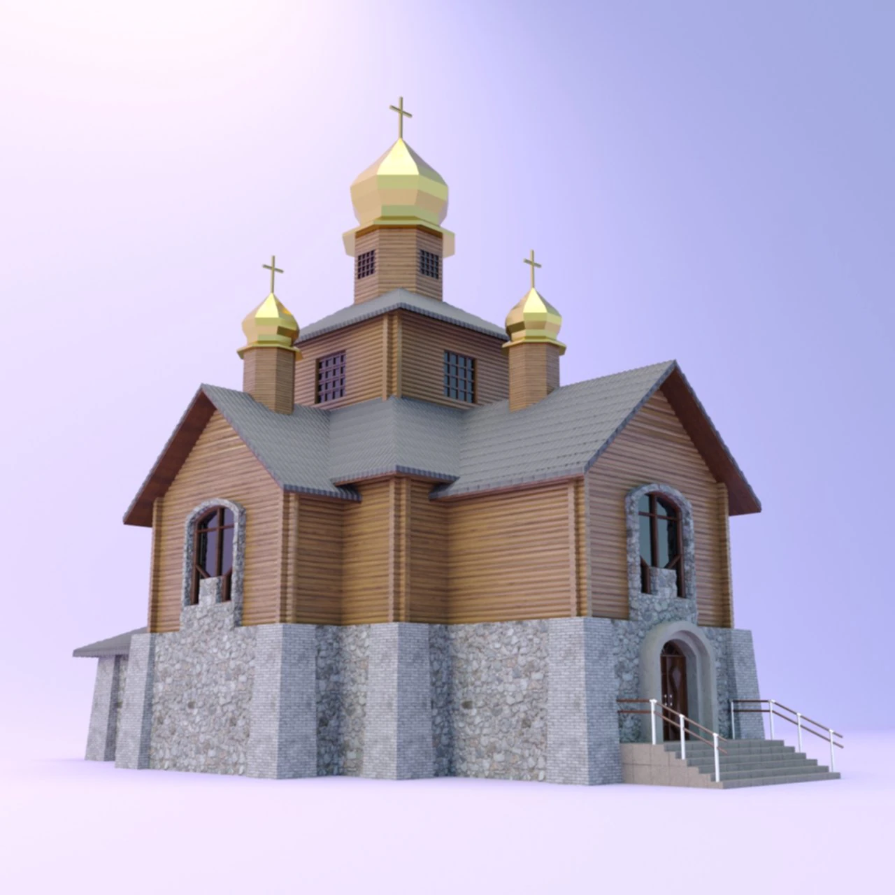 church with a wooden log house 3D Model .c4d .max .obj .3ds .fbx .stl .blend 