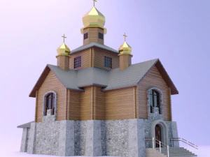 लकड़ी के लॉग हाउस वाला चर्च 3D मॉडल