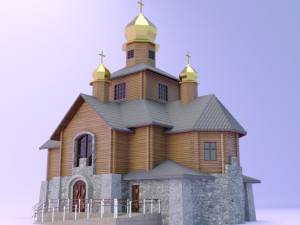 church with a wooden log house 3D Model