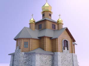 church with a wooden log house 3D Model