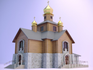 church with a wooden log house 3D Model