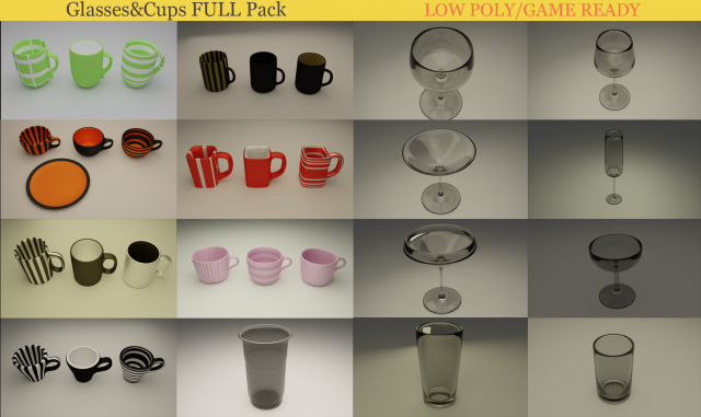 cups with glasses full pack 3D Model .c4d .max .obj .3ds .fbx .stl .blend 