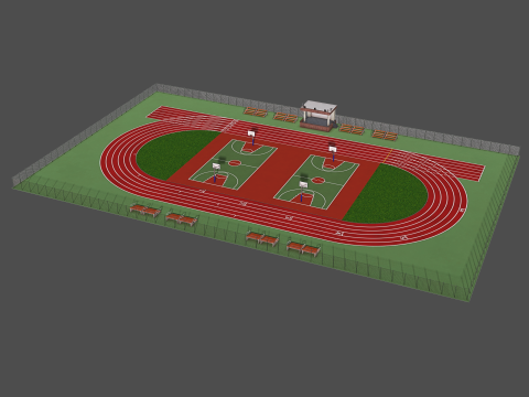 Playground with Basketball Court and Football Field 3D 모델
