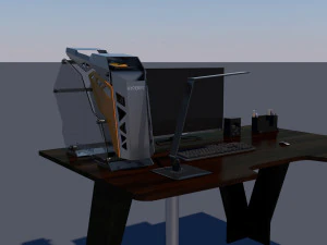 bilgisayar ve aksesuarların bulunduğu d&uuml;ş&uuml;k poli masa 3D Model