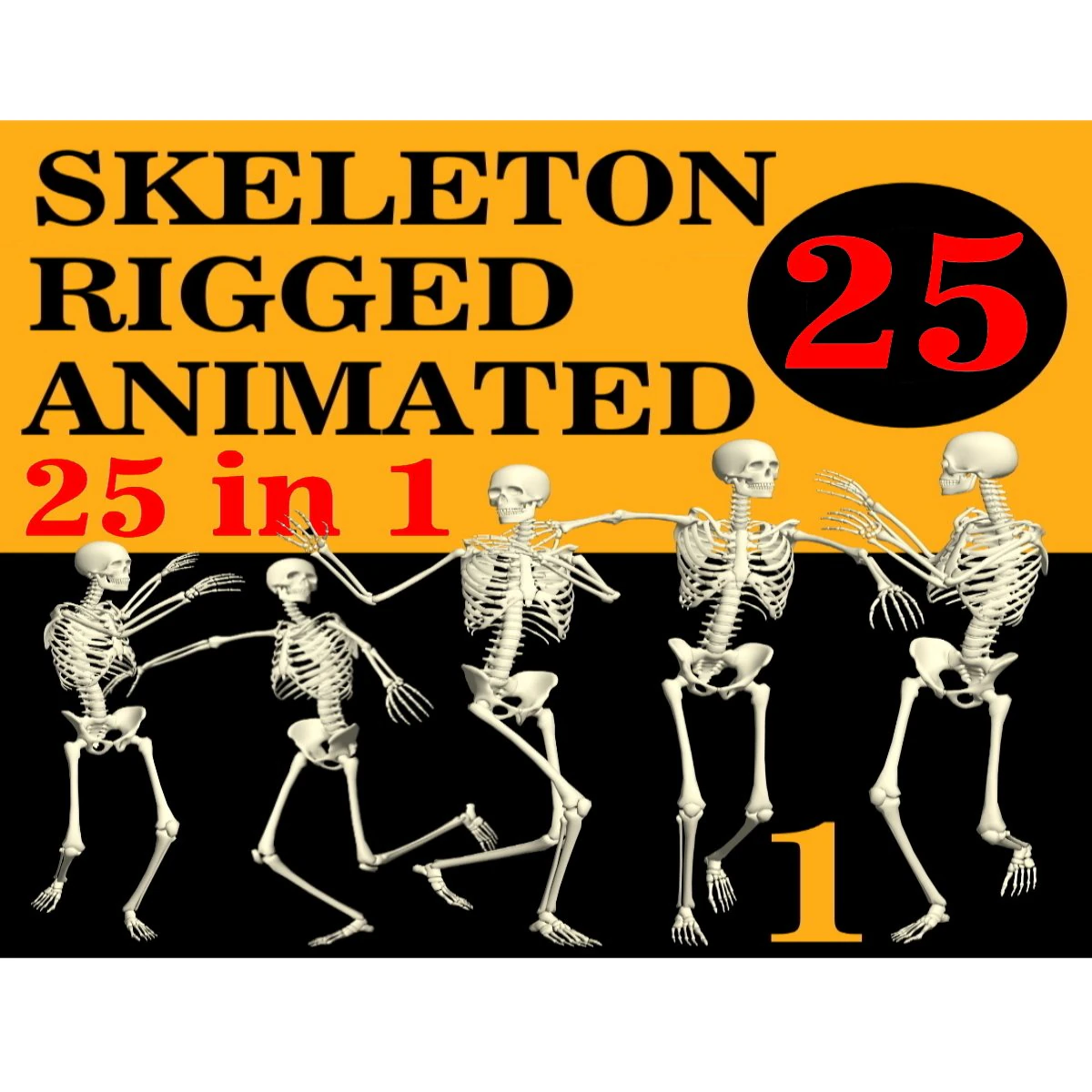 Skeleton Rigged 3D Animations Set 1 - 25 in 1 3D Model .c4d .max .obj .3ds .fbx .stl .blend 