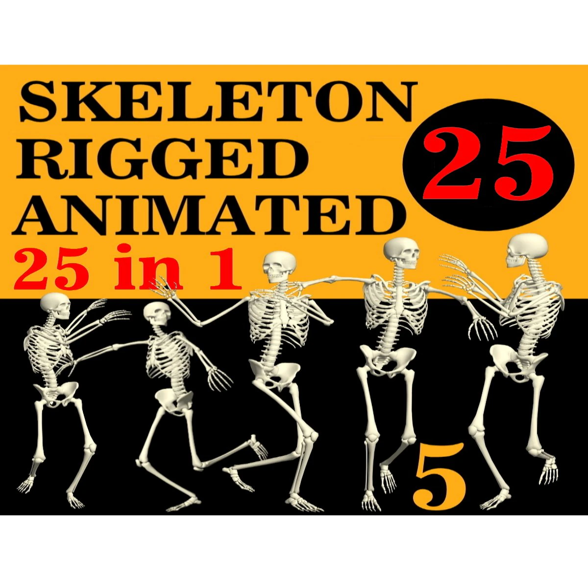 Skeleton Rigged 3D Animations Set 5 - 25 in 1 3D Model .c4d .max .obj .3ds .fbx .stl .blend 