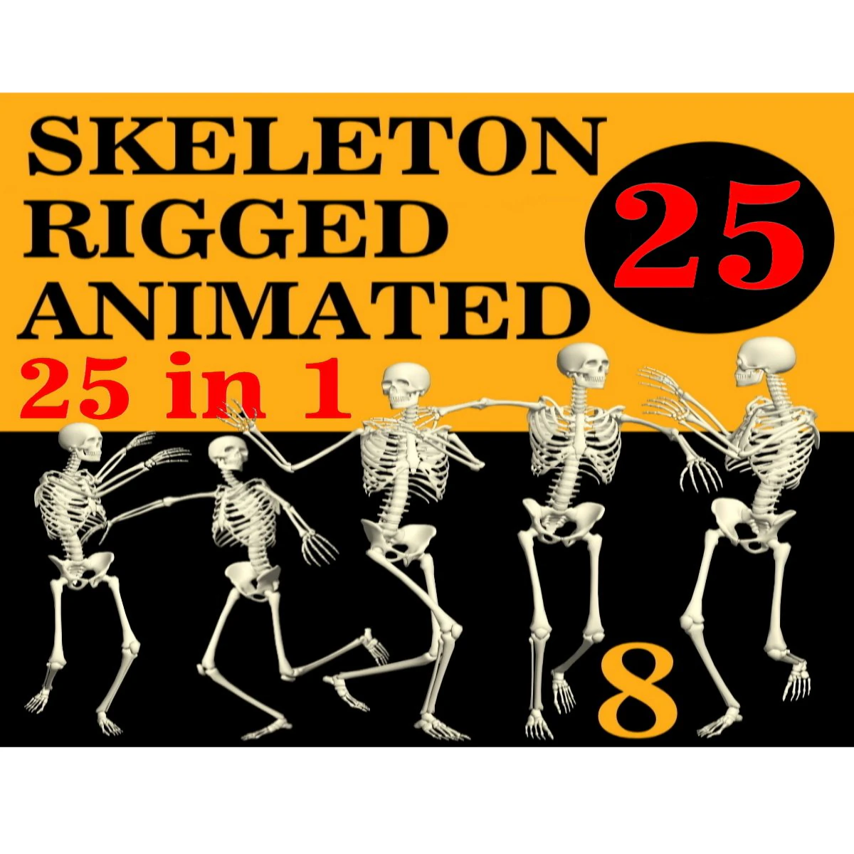 Skeleton Rigged 3D Animations Set 8 - 25 in 1 3D Model .c4d .max .obj .3ds .fbx .stl .blend 
