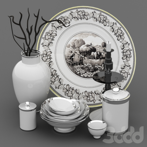 decorative set with a candlestick and a plate 3D Model .c4d .max .obj .3ds .fbx .stl .blend 