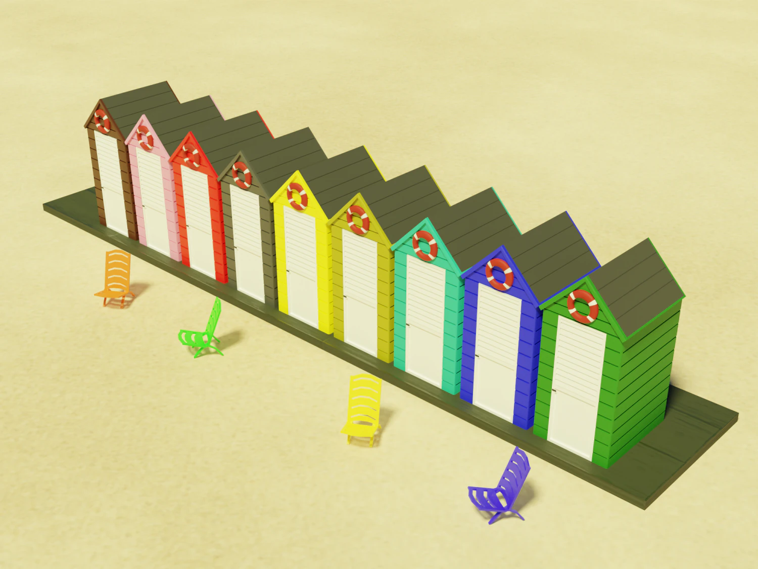 beach cabins and chairs 3D Model .c4d .max .obj .3ds .fbx .stl .blend 