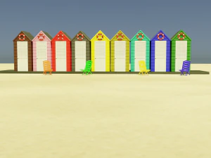 beach cabins and chairs 3D Model