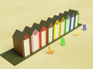 beach cabins and chairs 3D 模型