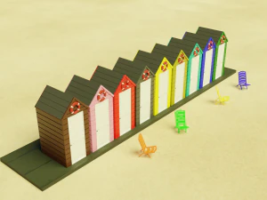 beach cabins and chairs 3D Model