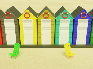 beach cabins and chairs 3D Model